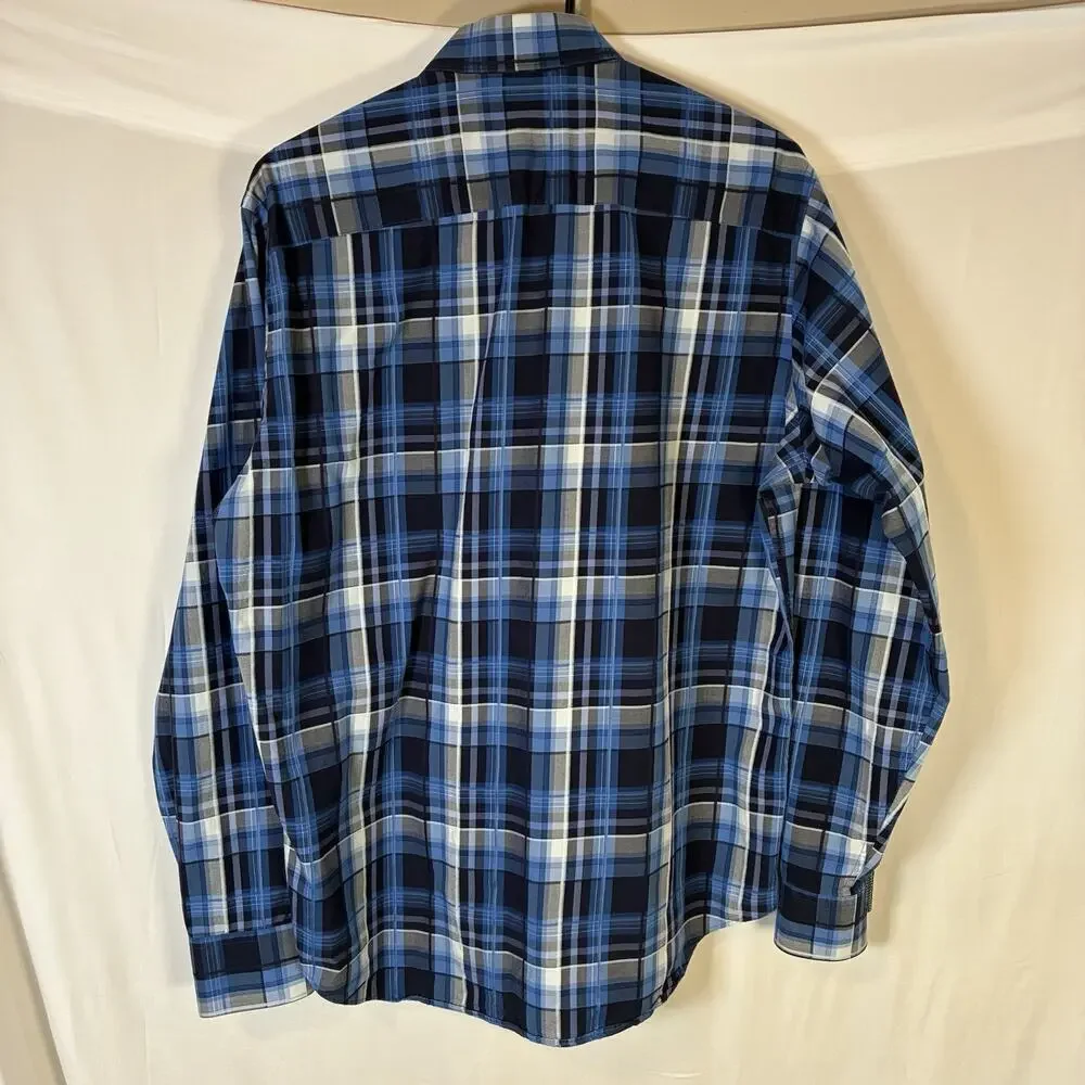 💰Bugatchi Uomo Mens Plaid Classic Fit Button Down Shirt Size L Navy Blue Cotton
